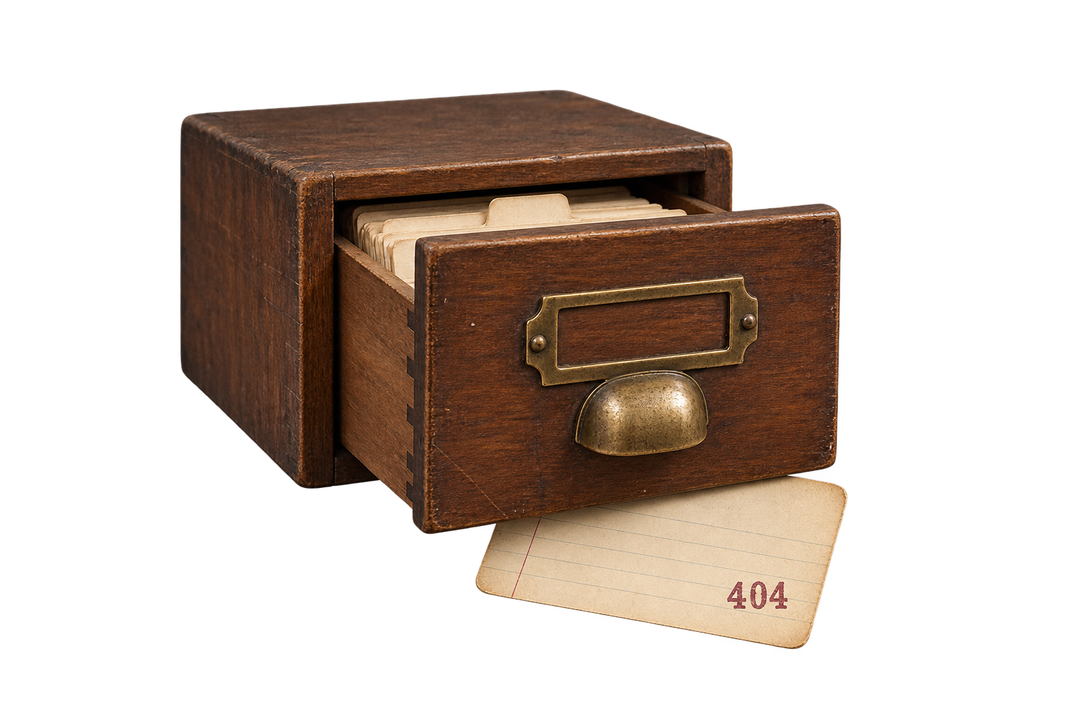 An open vintage library catalogue drawer with a misplaced index card stamped 404.