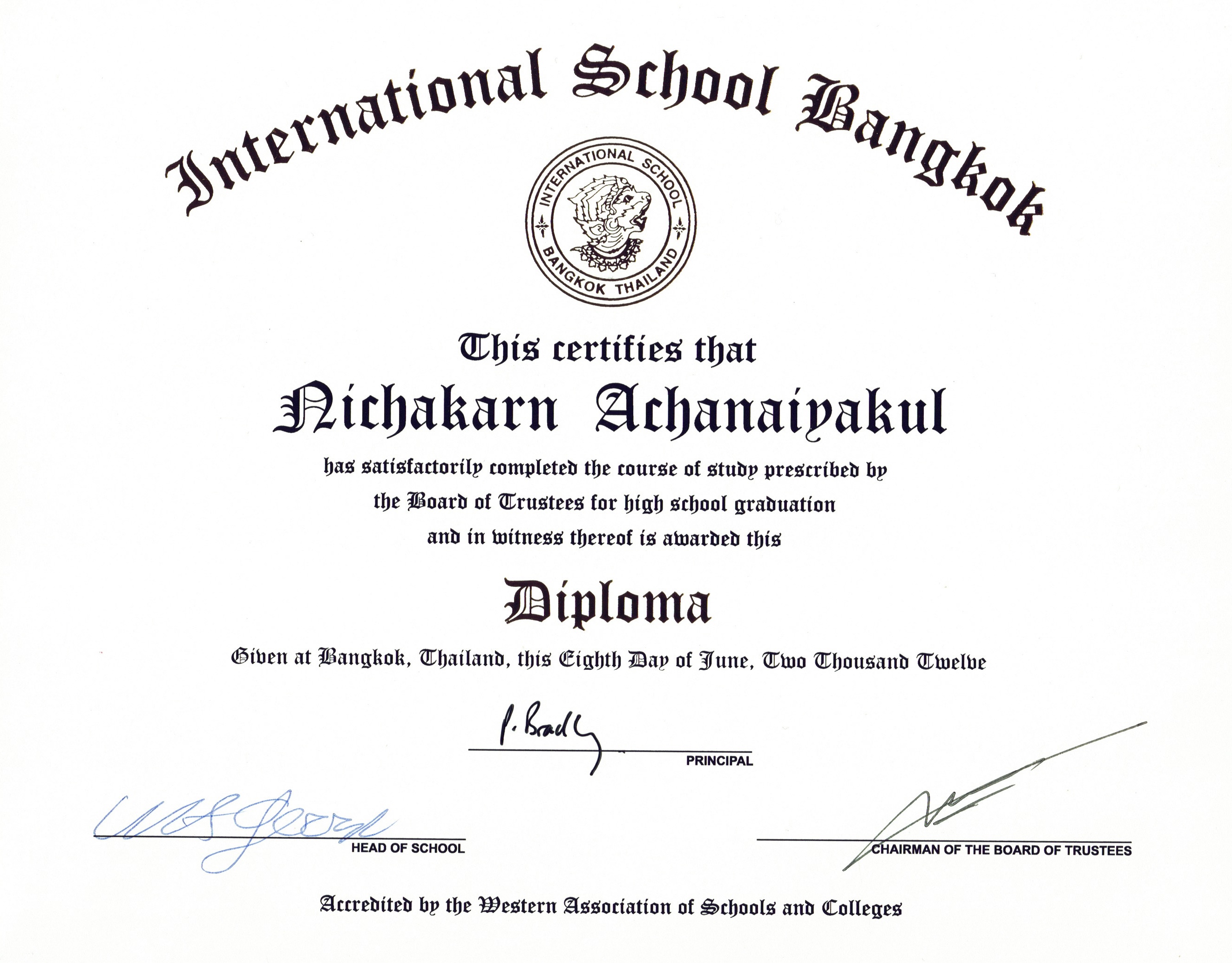 International School Bangkok High School Diploma, 8 June 2012