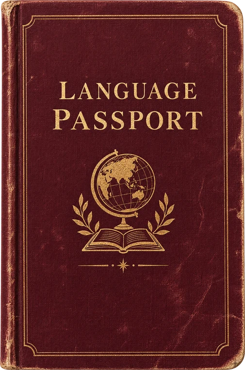 A worn oxblood Language Passport, gold-stamped with a globe over an open book