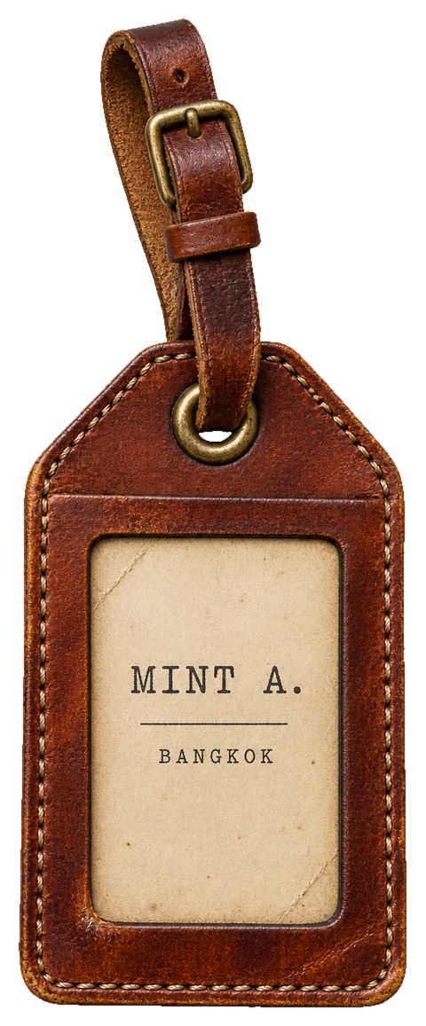 A worn leather luggage tag stamped MINT A. · BANGKOK