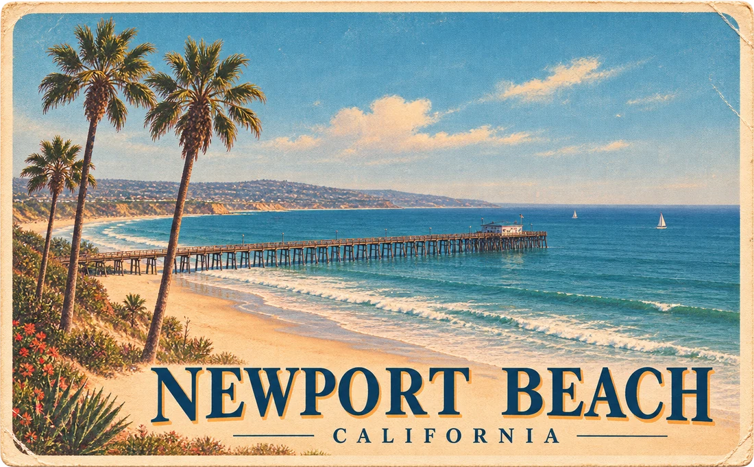 Vintage Newport Beach, California postcard — palm trees over the beach and pier