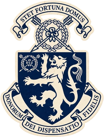 Harrow International School Bangkok crest sticker — a lion rampant on a shield, STET FORTUNA DOMUS above and DONORUM DEI DISPENSATIO FIDELIS below