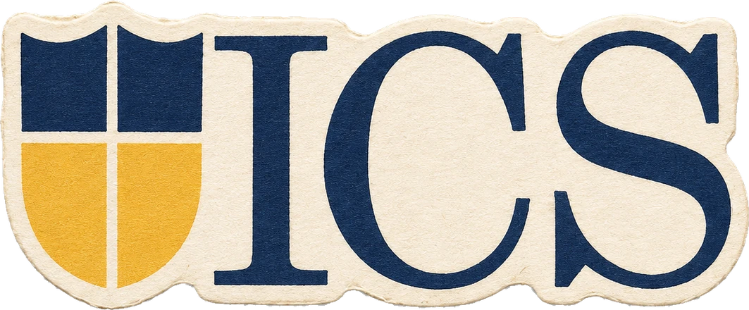 International Community School Bangkok sticker — a blue and gold quartered shield beside the letters ICS