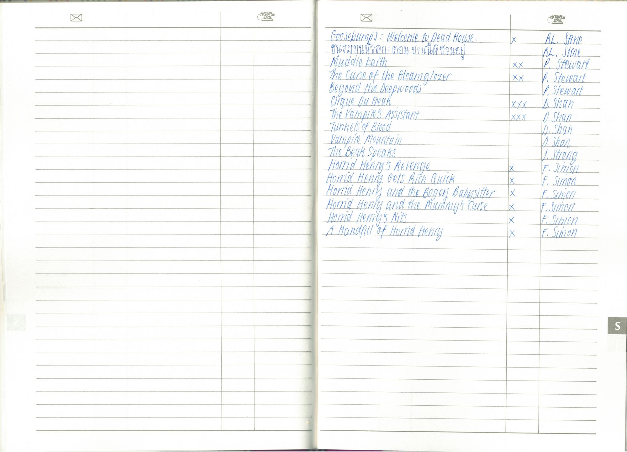 A notebook spread from an address and telephone book — the S page — with a handwritten list of books and authors: Goosebumps, Muddle Earth, The Edge Chronicles, Cirque du Freak, Horrid Henry