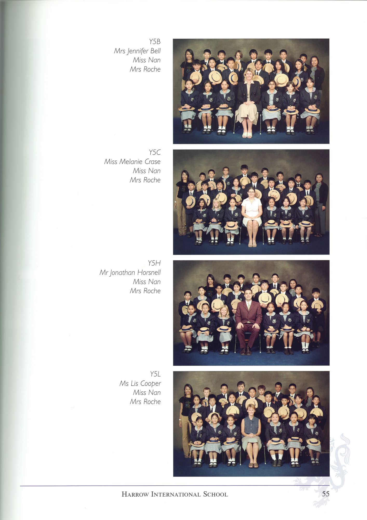 Page 55 of the 2003–2004 Harrow yearbook — four Year 5 class photographs, Y5B, Y5C, Y5H and Y5L, each with its teachers named in the margin