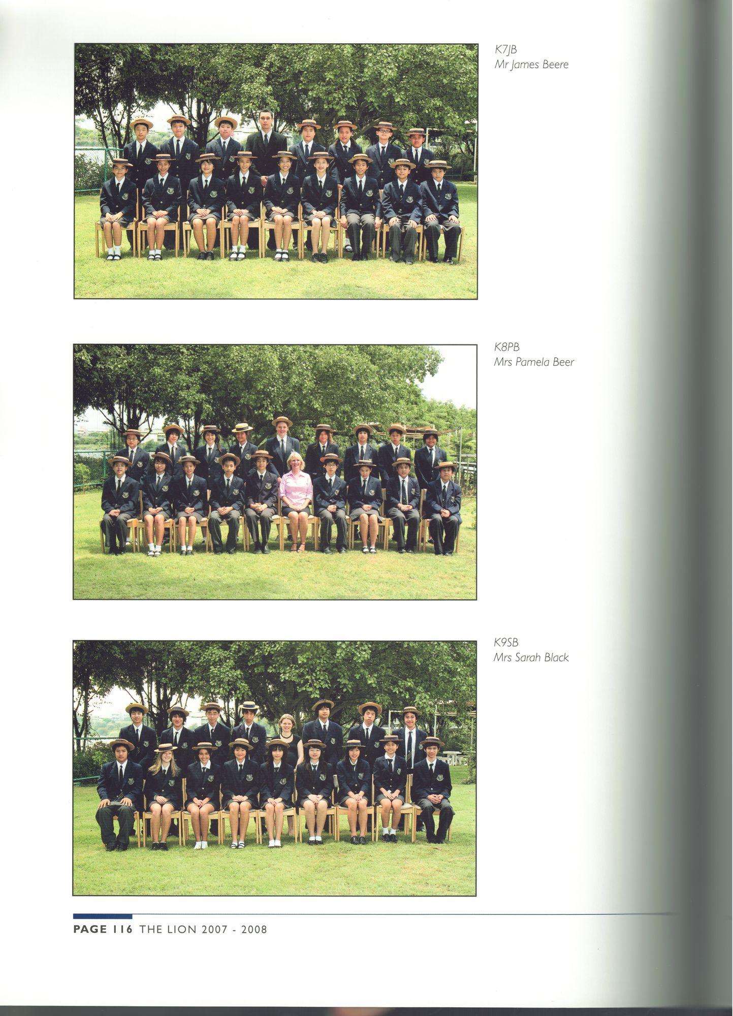 Page 116 of the 2007–2008 Harrow yearbook — three class photographs on the lawn, K7JB, K8PB and K9SB, each with its teacher named in the margin