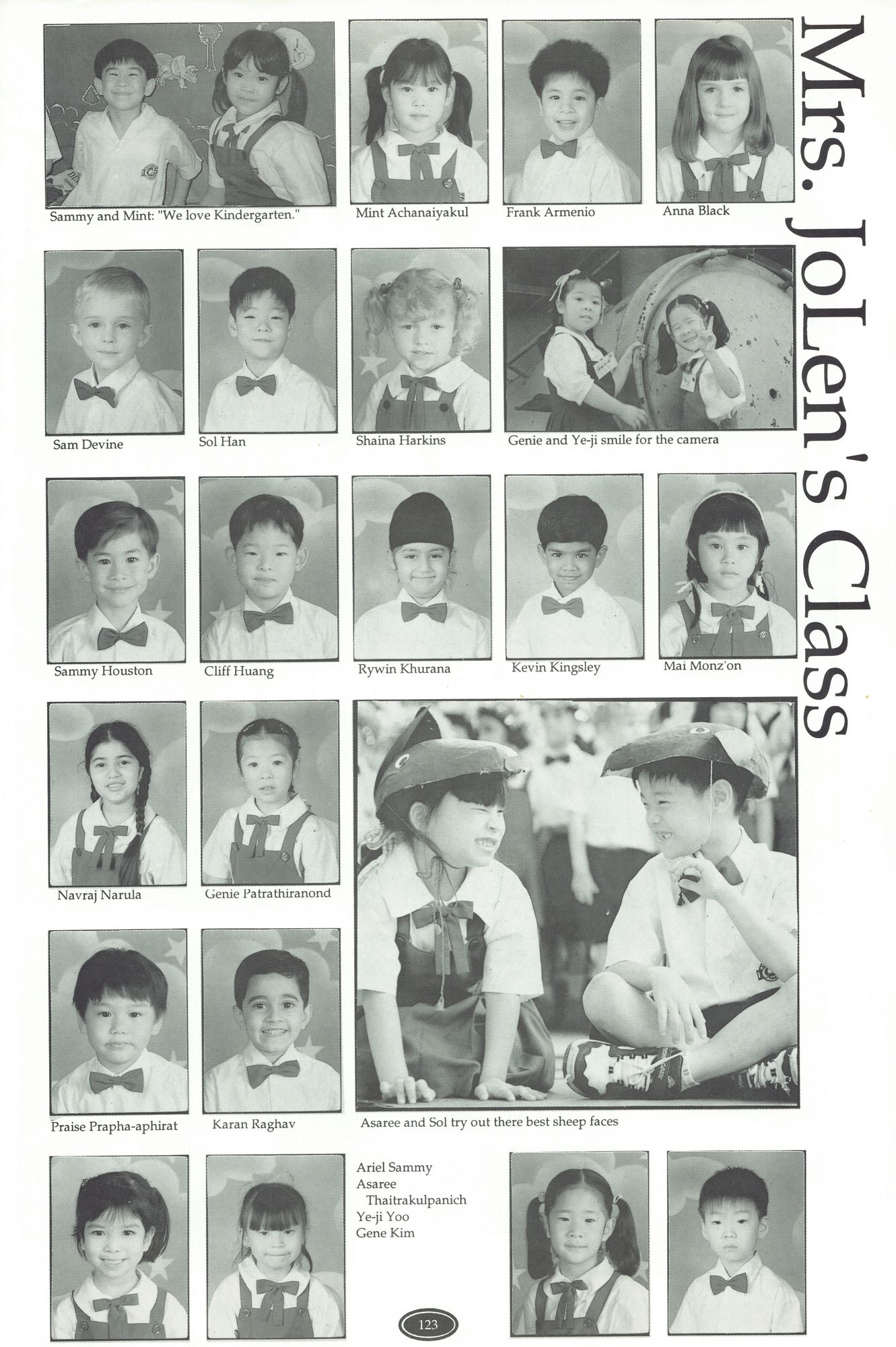 The kindergarten page of the 1999–2000 ICS yearbook — Mrs. JoLen's Class — a grid of small halftone portraits with names beneath