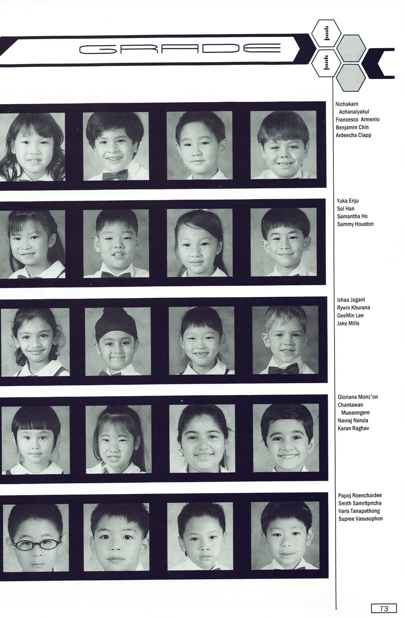 The Grade 1 page of the 2000–2001 ICS yearbook — rows of small portraits with names in the margin