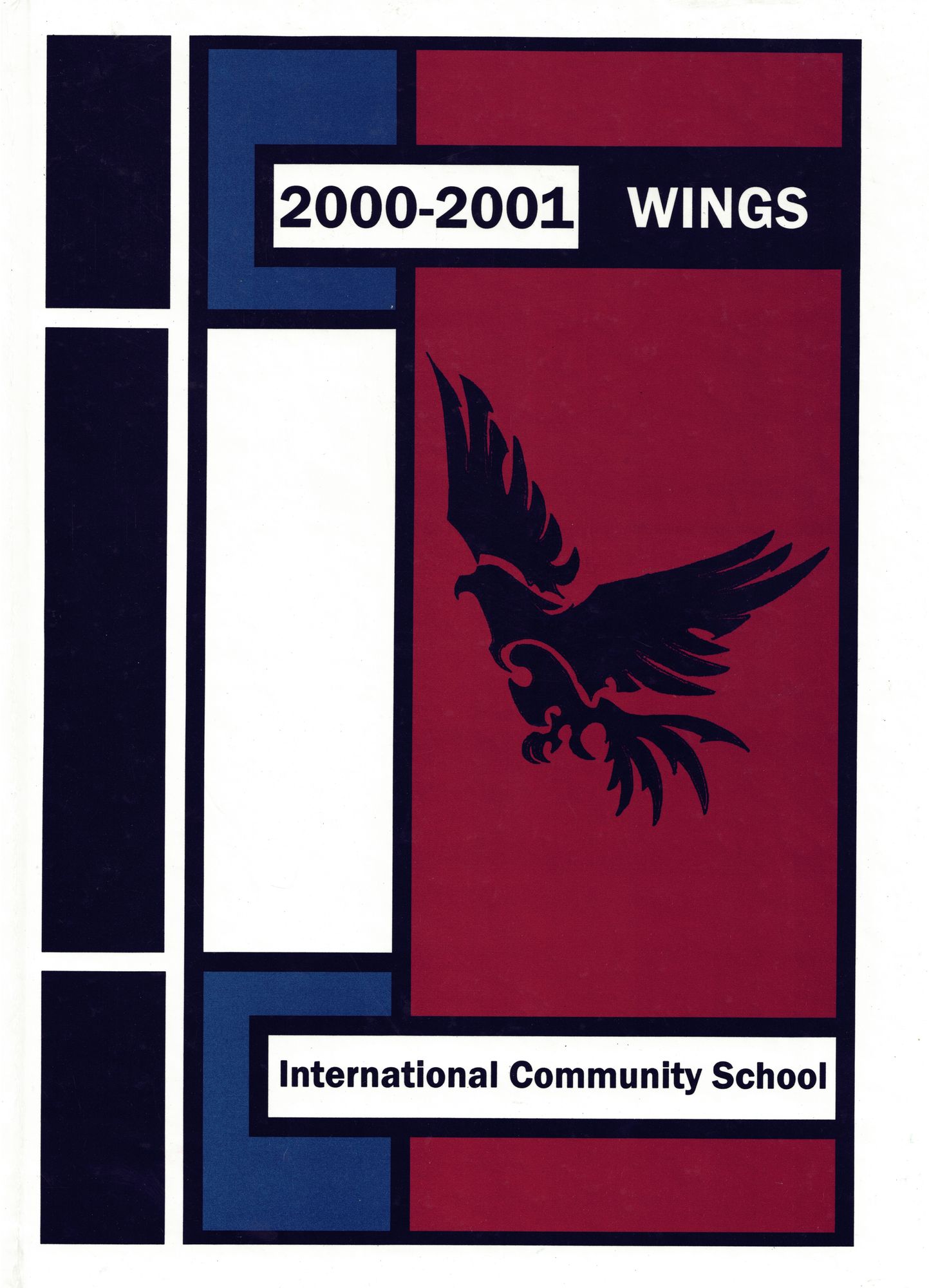 The 2000–2001 ICS Wings yearbook cover — red, blue and black colour blocks with a black eagle