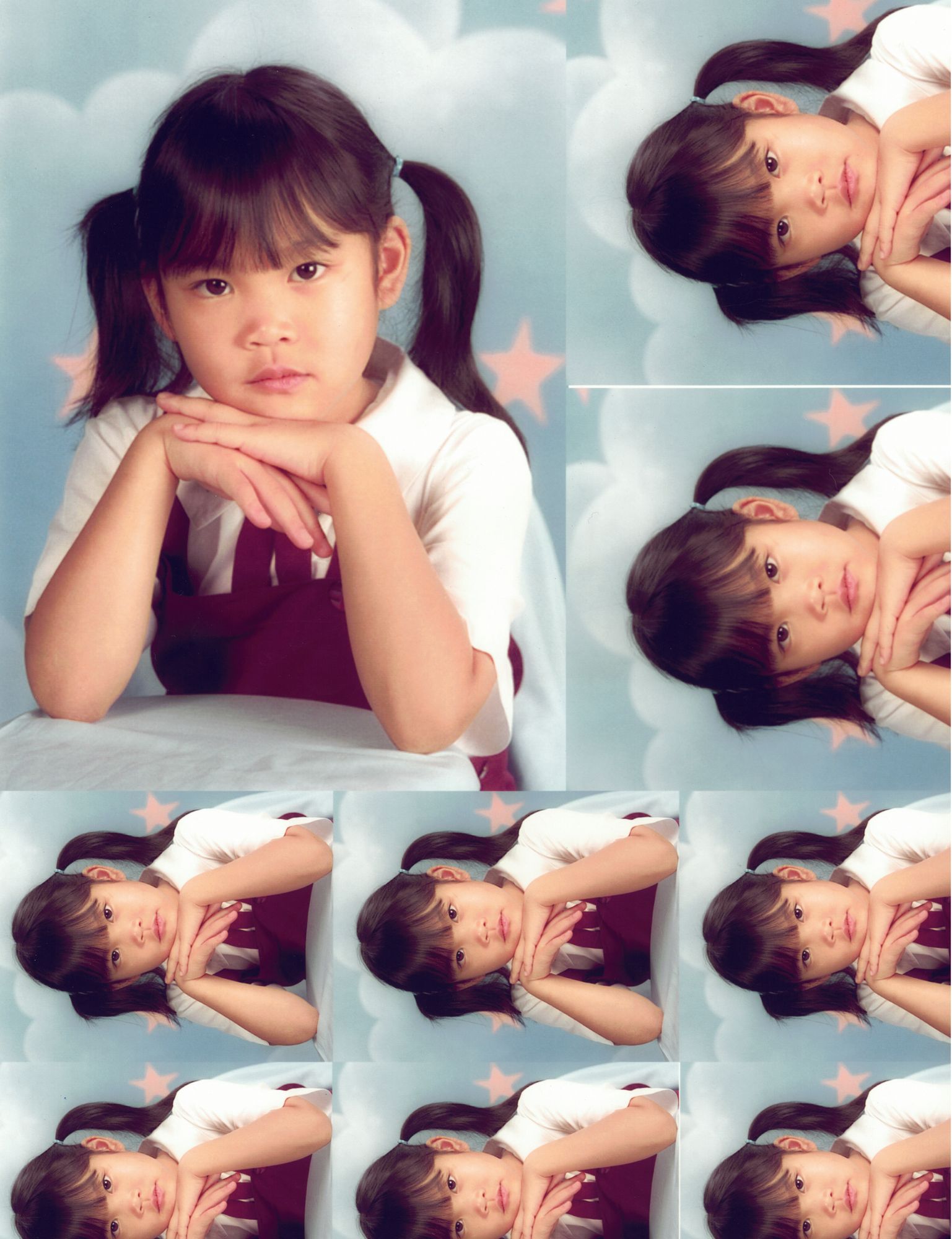 A school portrait sheet — my kindergarten studio portrait repeated at several print sizes