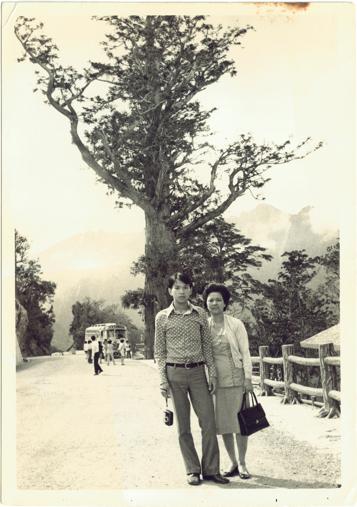 A faded photograph of my father and my grandmother standing under a large tree on a mountain road