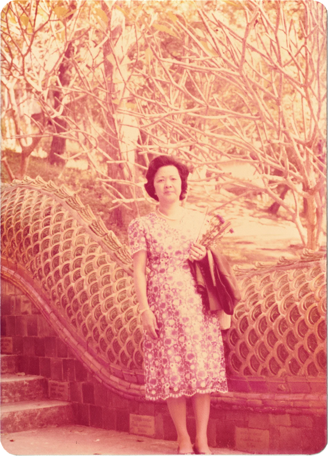 My grandmother in a patterned dress standing before a tiled naga balustrade among bare trees — a rounded-corner print