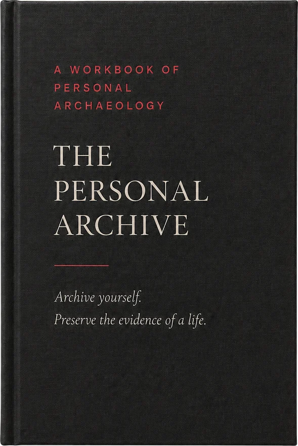 The Personal Archive — a black clothbound workbook, its cover reading A Workbook of Personal Archaeology, The Personal Archive, Archive yourself. Preserve the evidence of a life.