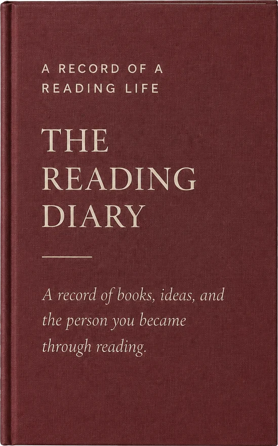 The Reading Diary — an oxblood clothbound book, its cover reading A Record of a Reading Life, The Reading Diary, A record of books, ideas, and the person you became through reading.