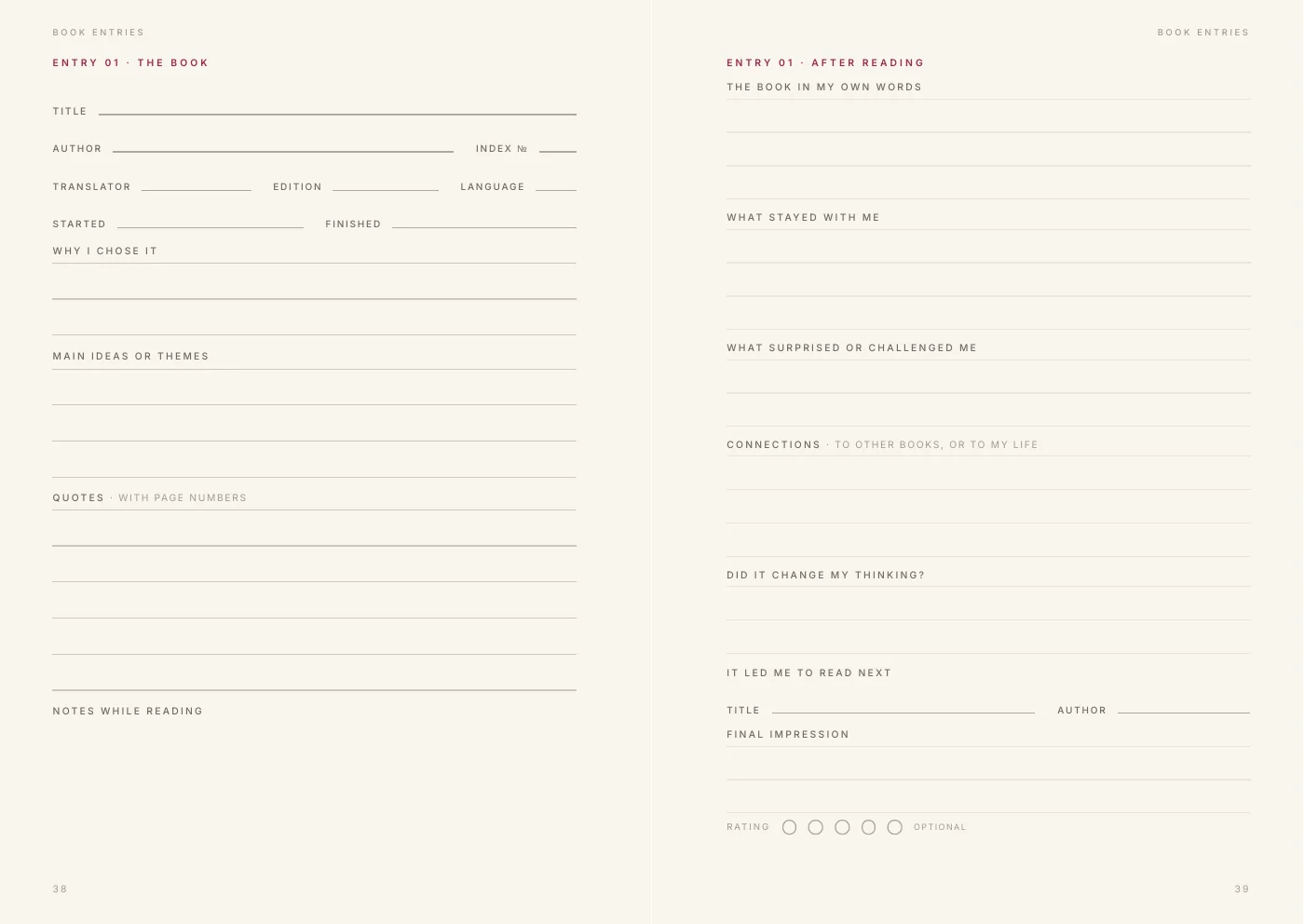 A book-entry spread: The Book on the left page, After Reading on the right